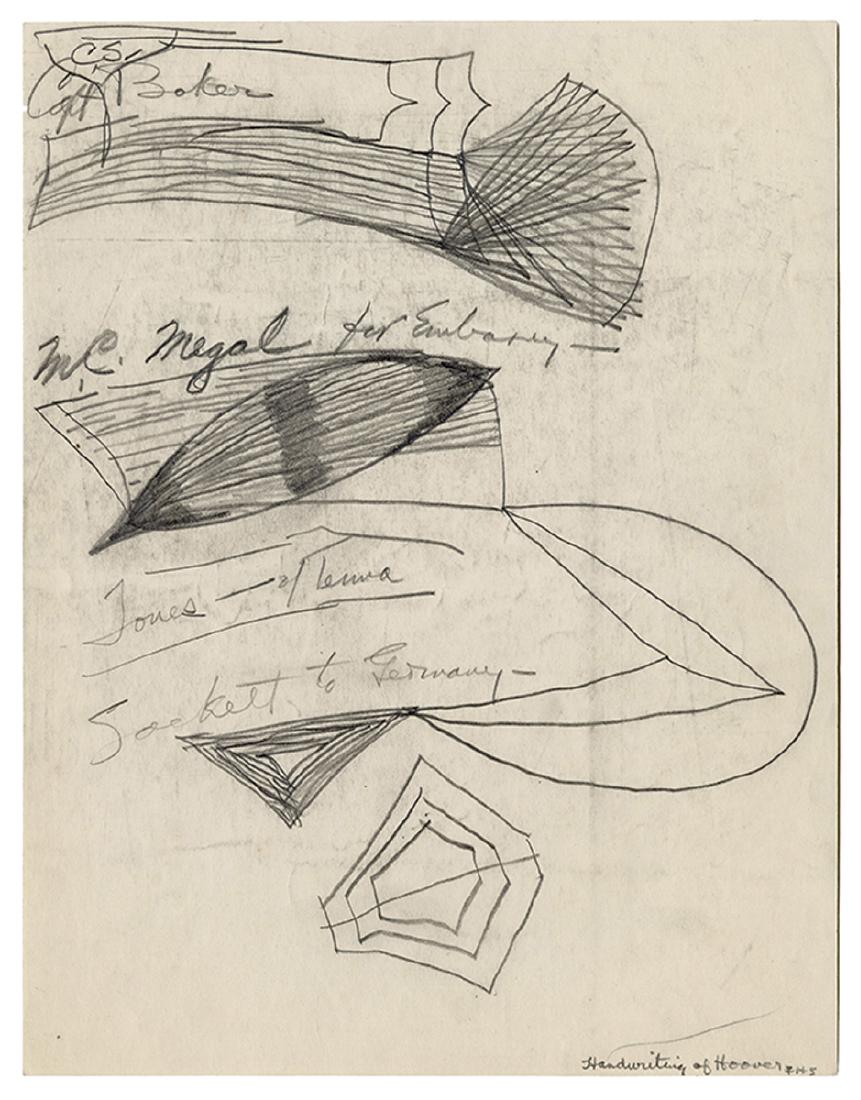 Page of Doodles by President Herbert Hoover with: Hoover, Herbert. Page of Doodles by President Herbert Hoover with Signature Card. Circa 1920s. 11 x 8 ½” page containing bold, geometric shapes in graphite with notes interspersed throughou