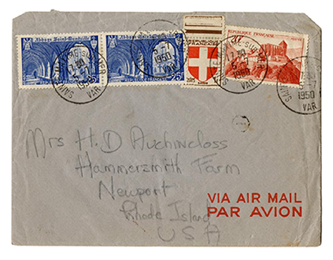 Jacqueline Kennedy ALS to Janet Lee Bouvier, Signed: [Kennedy, Jacqueline] Jacqueline Kennedy ALS to Janet Lee Bouvier, Signed “Jackie”. Paris: May 7, 1950. Dark grey leaves, inscribed in pencil on rectos and versos; on folded 8 x 10”