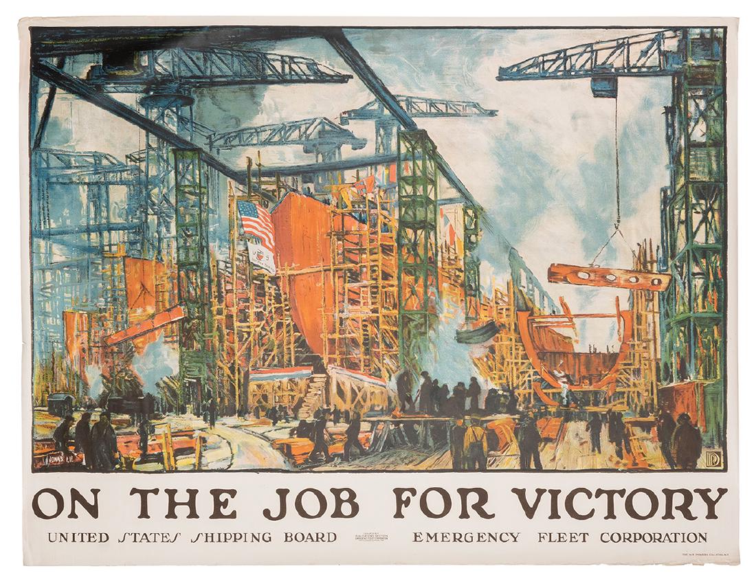 On the Job for Victory.: Lie, Jonas (1880 – 1940). On the Job for Victory. New York: W.F. Powers Litho., ca. 1918. All aspects of American industry are depicted in Lie’s poster, among them cranes, scaffolds, found