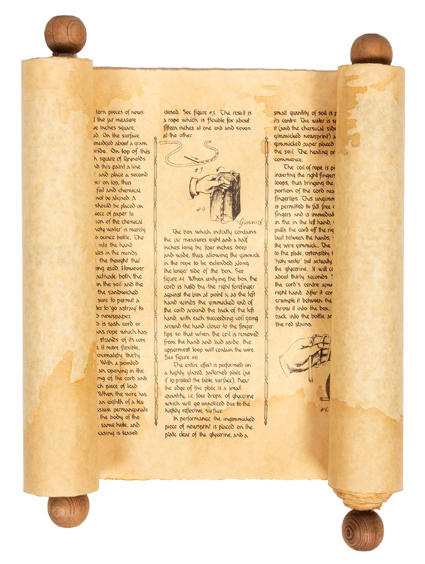 The Legendary Scroll of Masklyn Ye Mage.: Andruzzi, Tony (Tom Palmer). The Legendary Scroll of Masklyn Ye Mage. [Chicago], ca. 1975. Handmade scroll with wooden handles, explaining many of Andruzzi’s “bizarre” magical effect
