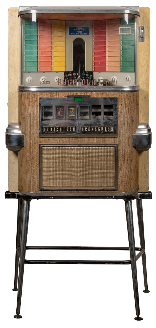 Rock-Ola 1958 Model 1464 "Music Vendor" 120 Selection: Rock-Ola 1958 Model 1464 “Music Vendor” 120 Selection Play Jukebox (25 Cent). Chicago, 1958. Plays 120 45 RPM records. 39 x 30”. No key.