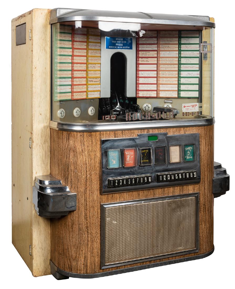 Rock-Ola 1958 Model 1464 "Music Vendor" 120 Selection: Rock-Ola 1958 Model 1464 “Music Vendor” 120 Selection Play Jukebox (25 Cent). Chicago, 1958. Plays 120 45 RPM records. 39 x 30”. No key.