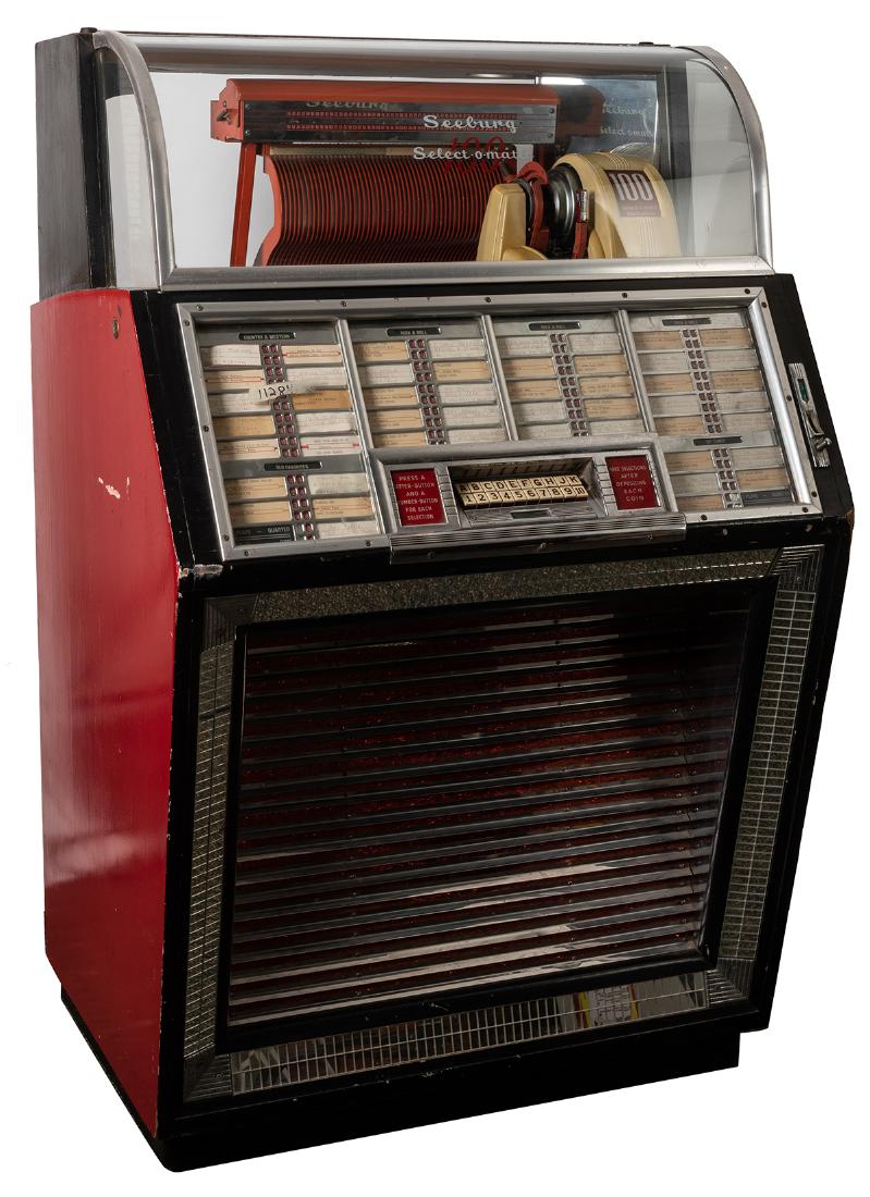 Seeburg 1951 Model M100BL Jukebox (25 Cent).: Seeburg 1951 Model M100BL Jukebox (25 Cent). Chicago, 1951. One hundred 45 RPM record selections. No lock or key. 53 1⁄2 x 34”. No back door.