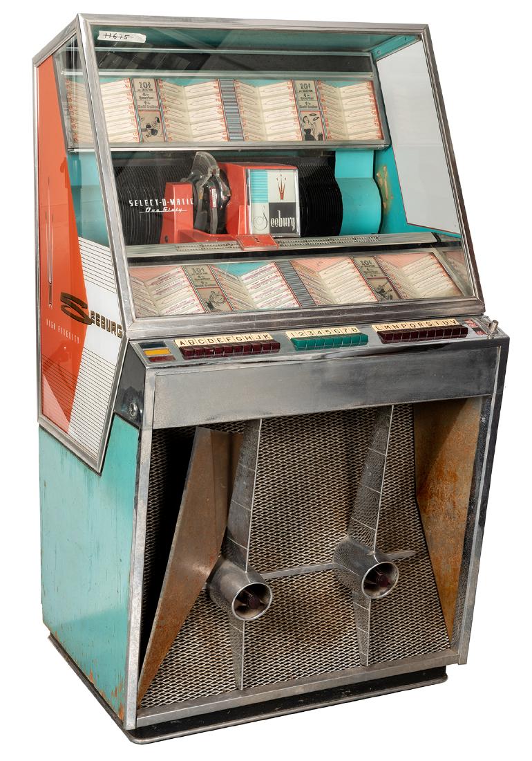 Seeburg 1958 Model 161 Jukebox.: Seeburg 1958 Model 161 Jukebox. Chicago, 1958. 160 selections of 45 RPM records. One play for a dime, four for a quarter, nine for a half dollar. No lock or key. 56 x 29 1⁄2”.