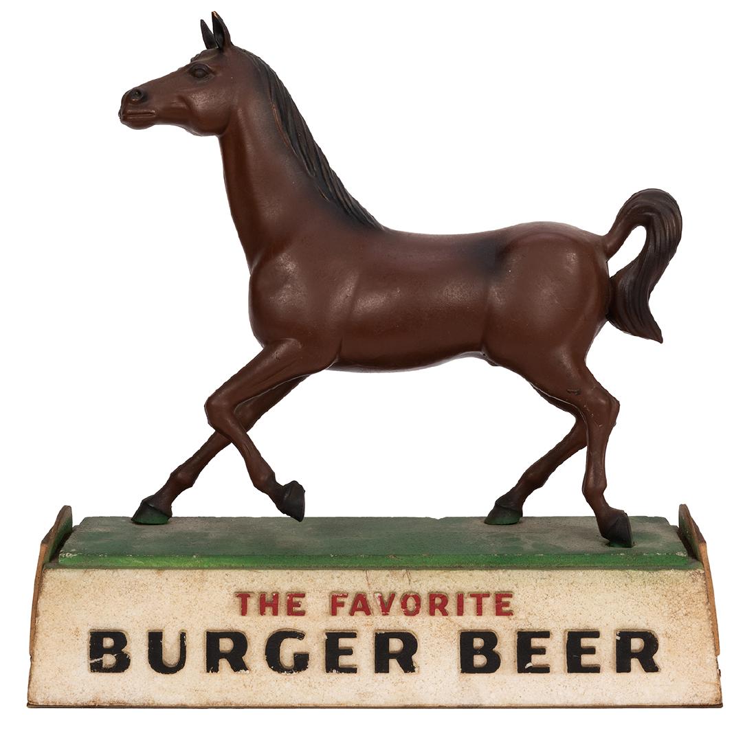 Burger Beer Horse Counter Display.: Burger Beer Horse Counter Display. Cincinnati, 1950s. Molded foam base with plastic endcaps on each side and plastic horse mounted to the top. 15 x 15 x 5”. Foam soiled with some gouges and chip