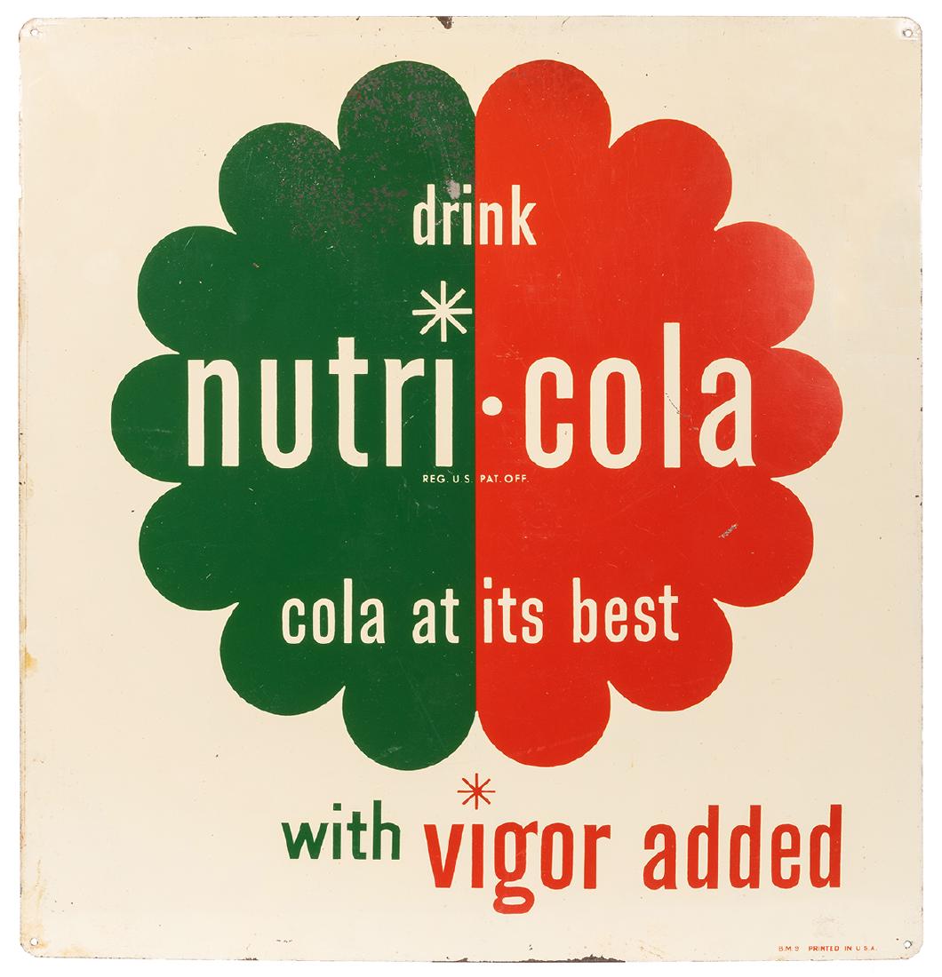 Nutri-Cola Tin Advertising Sign.: Nutri-Cola Tin Advertising Sign. American, 1950s. Bold green and red graphic designed by Paul Rand. Edgewear, chipping in top left quadrant, scattered scuffing. Very good.