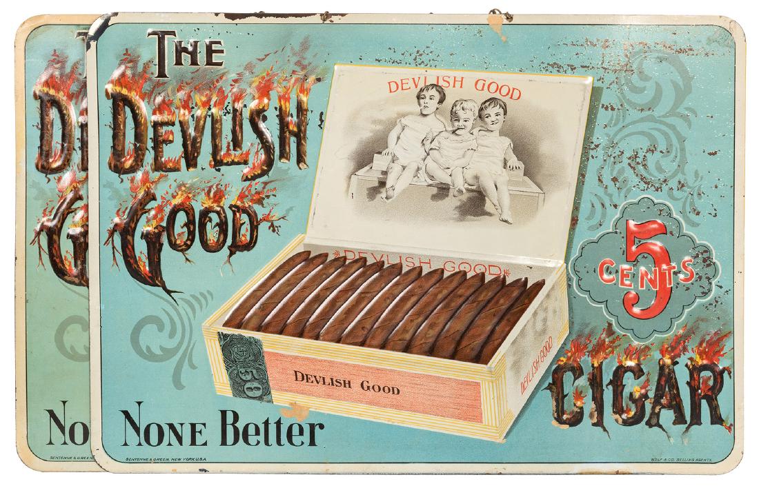 Two Devilish Cigar Embossed Tin Signs With Chain (1 of 1)