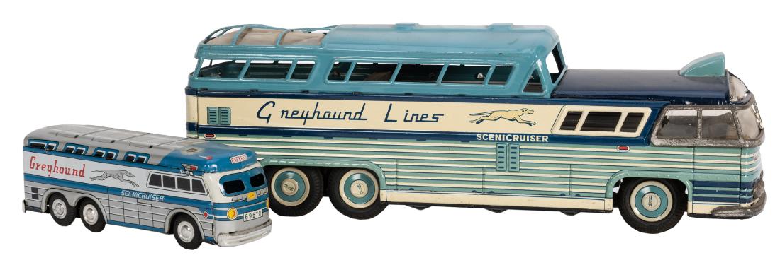 Two Tin Litho Greyhound Buses. (1 of 1)