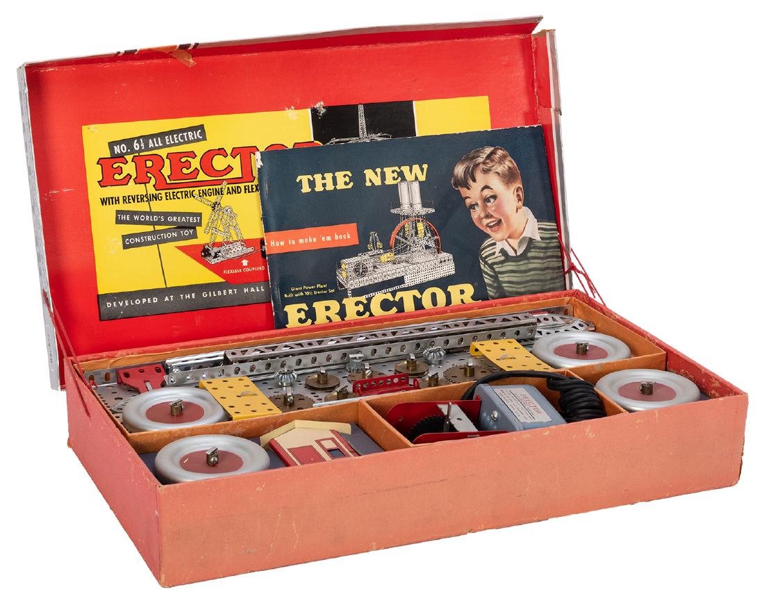 Vintage Gilbert Erector Set.: Vintage Gilbert Erector Set. Westville, Conn.: A.C. Gilbert Co., 1954. Complete all electric erector set. Original box. Motor working. Box worn and soiled, interior contents very good.