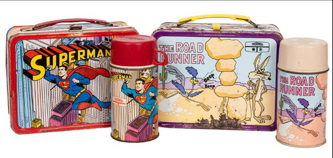 Superman and Roadrunner Lunch Boxes and Thermoses.: Superman and Roadrunner Lunch Boxes and Thermoses. Including a 1967 Superman lunch box with Thermos, paint loss around rim but strong colors and graphics; and a 1973 Roadrunner lunch box with Thermos.