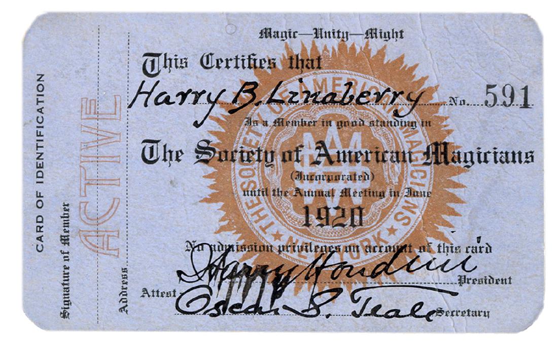 S.A.M. Membership Card Signed by Harry Houdini. (1 of 2)