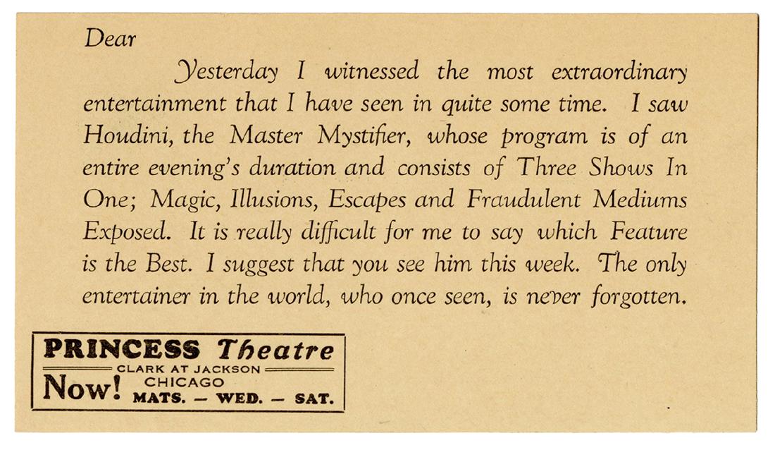 Houdini “Master Mystifier” Postcard. (1 of 1)