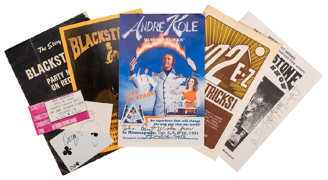 Group of Magicians’ Ephemera Signed by Doug Henning and: Group of Magicians’ Ephemera Signed by Doug Henning and Others. Including two signed Doug Henning “World of Magic” (June 24, 1979) tickets; a Two of Clubs card signed by Henning; two Harry Black