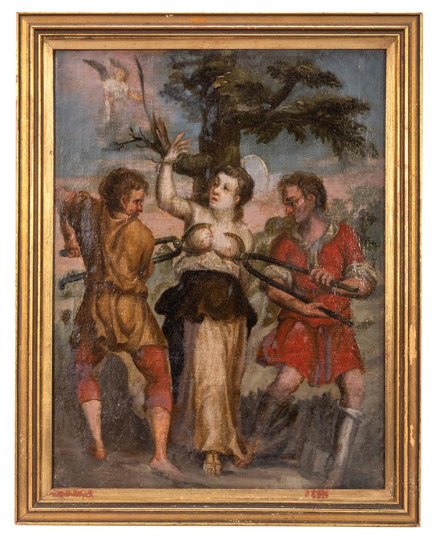 Oil Painting of the Martyrdom of Saint Agatha of Sicily: Oil Painting of the Martyrdom of Saint Agatha of Sicily. Unsigned Continental school oil painting on canvas, with evidence of restoration; good appearance overall. Depicts Agatha's martyrdom through t