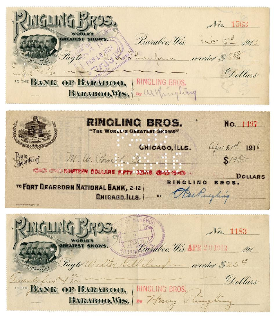 Trio of Checks Signed by the Ringling Brothers. (1 of 1)