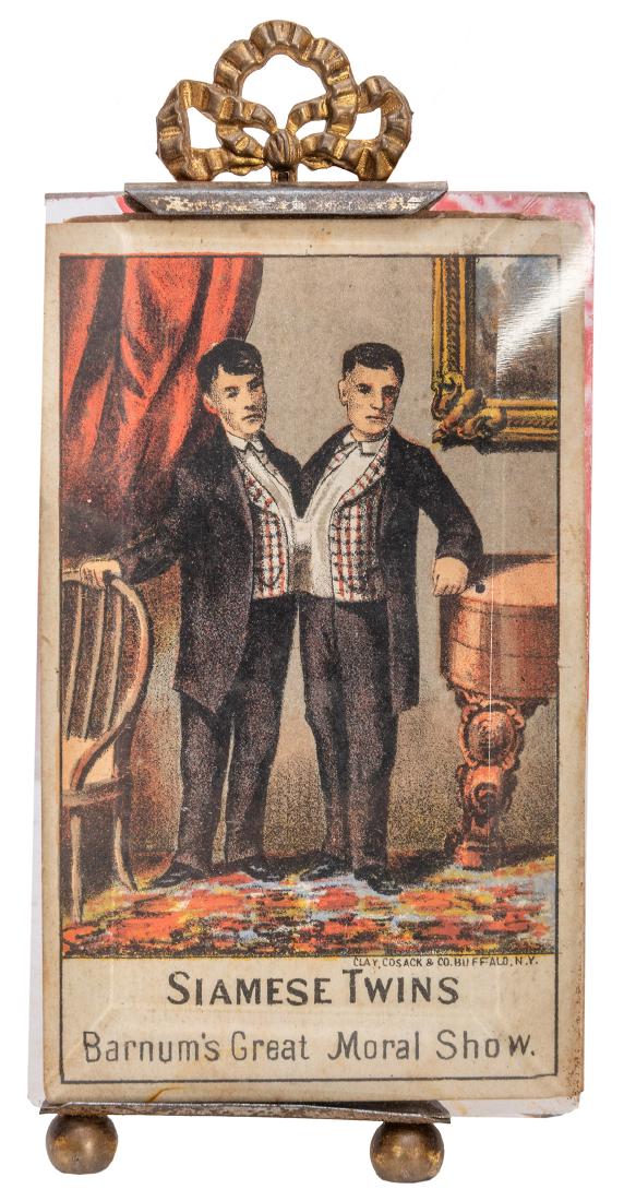 Chang and Eng Advertising Trade Card. The Original: Chang and Eng Advertising Trade Card. The Original Siamese Twins. Buffalo, NY: Clay, Cosack & Co., 1860s. Scarce advertising trade card for King of the Blood Purifier, with a full color illustration o