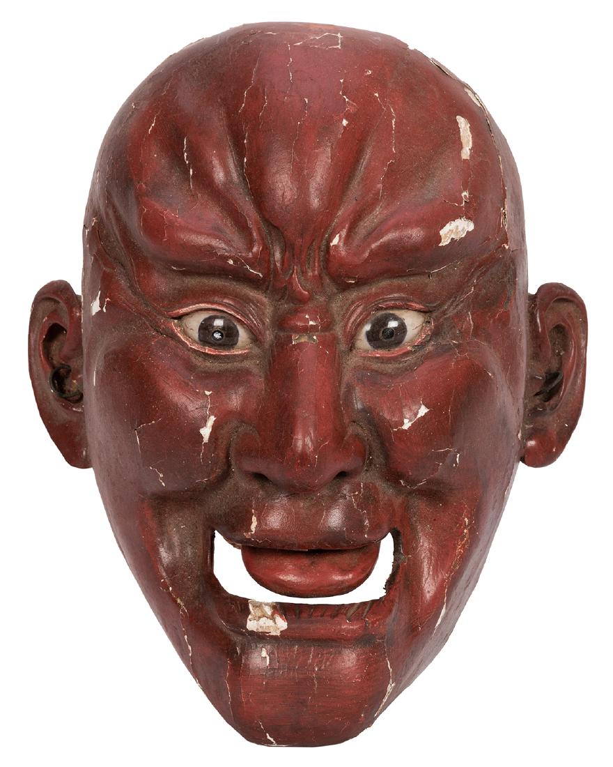 Japanese Noh Theater Mask.: Japanese Noh Theater Mask. Mid nineteenth century-early twentieth century. Gesso carved wood mask depicting a man with glass eyes and a distressed expression. Possibly from the Meiji period. 11 ½ x 1
