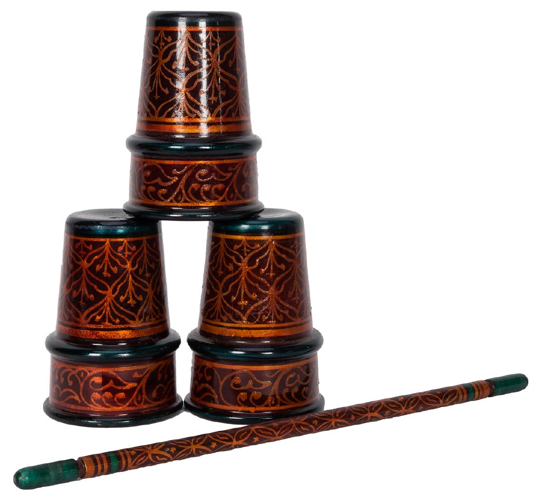 Tayade "Western Style" Cups: Tayade "Western Style" Cups. India: D.A. Tayade, ca. 1970. Three hand-painted wooden cups owned and used by Johnny Fox. Mouths 3 ¼" diam. Paint worn. With matching wand.