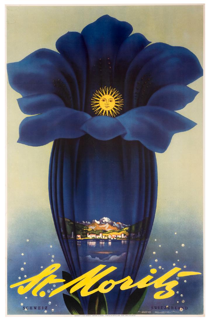 St. Moritz.: Keck, Leo (Czech, 1906-1987). St. Moritz. Zurich: Fretz, ca. 1950. Large blue flower blooming to reveal the Sun, image of St. Moritz in the middle of the flower. 40 x 25 ¼". Linen backed. Scatter