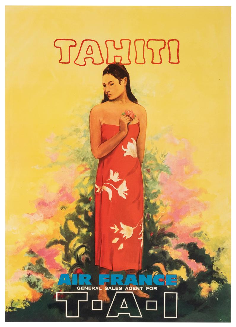 Tahiti. Air France. General Sales Agents for TAI.: Schiavone, A. Tahiti. Air France. General Sales Agents for TAI. 1950s. Offset lithograph showing a Tahitian against a multi-color floral background. 24 ½ x 18". A.