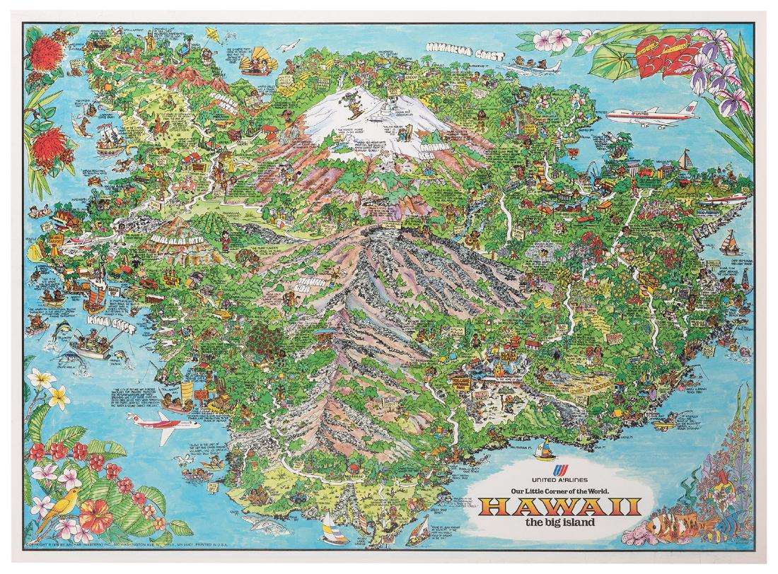 Map of Hawaii. United Airlines. Our Little Corner of: Map of Hawaii. United Airlines. Our Little Corner of the World. Archar, 1979. An overview of the main island, illustration by Kim Forrest. Linen backed. 24 x 33". Short repaired tears and minor losses
