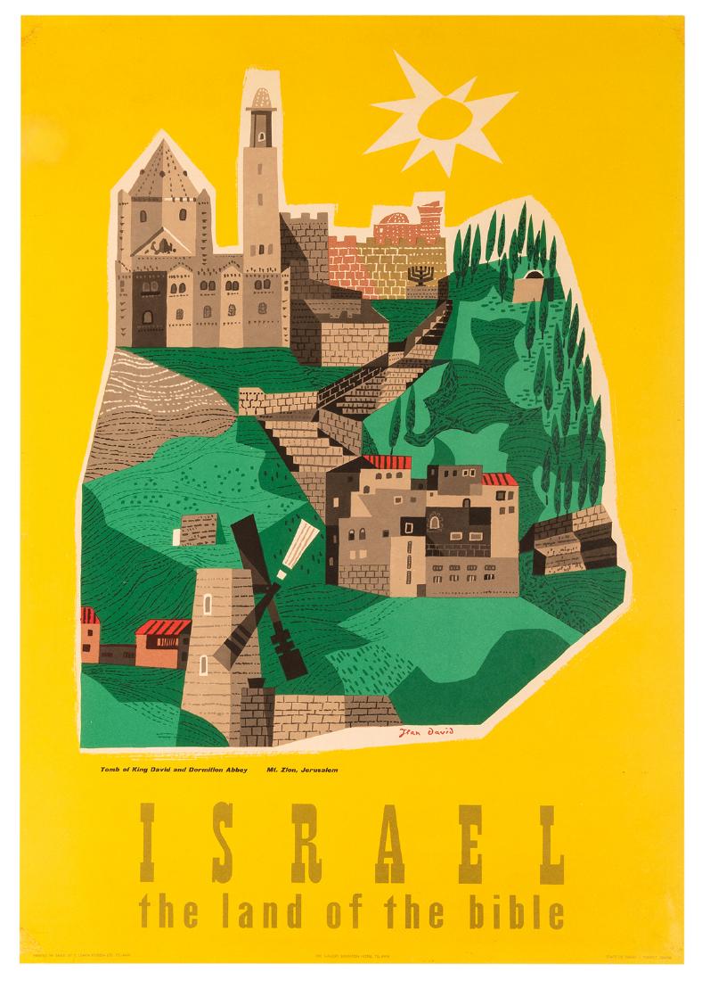 Israel. The Land of The Bible.: David, Jean (1908-1993). Israel. The Land of The Bible. Tel-Aviv: Lewin Epstein Ltd., ca. 1950s. Bright yellow image of the sun shining down on Jerusalem. 26 ¾ x 18 ¾". Linen backed. One lar