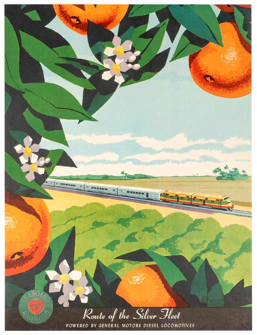 Seaboard Railroad. Powered by General Motors Diesel: Hill, Bern (1911-1977). Seaboard Railroad. Powered by General Motors Diesel Locomotives. 1950s. A train speeds through orange groves with orange tree branches in the foreground. 24 x 18". Linen backed