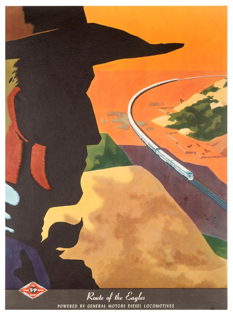 The Texas Pacific Railway. Powered by General Motors: Hill, Bern (1911-1977). The Texas Pacific Railway. Powered by General Motors Diesel Locomotives. 1950s. A train speeds through the desert with a pensive cowboy watching over it. 24 x 18". Linen backed