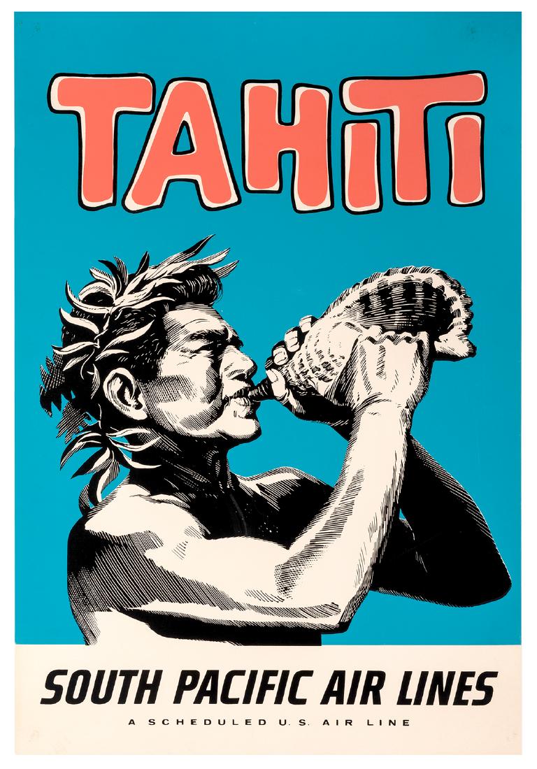 Tahiti. South Pacific Air Lines.: Tahiti. South Pacific Air Lines. 1950s. A man wearing a traditional Tahitian head dress using a conch shell to call out to others. 35 ¾ x 24 ¼". Linen backed. Restored chips throughout. B.