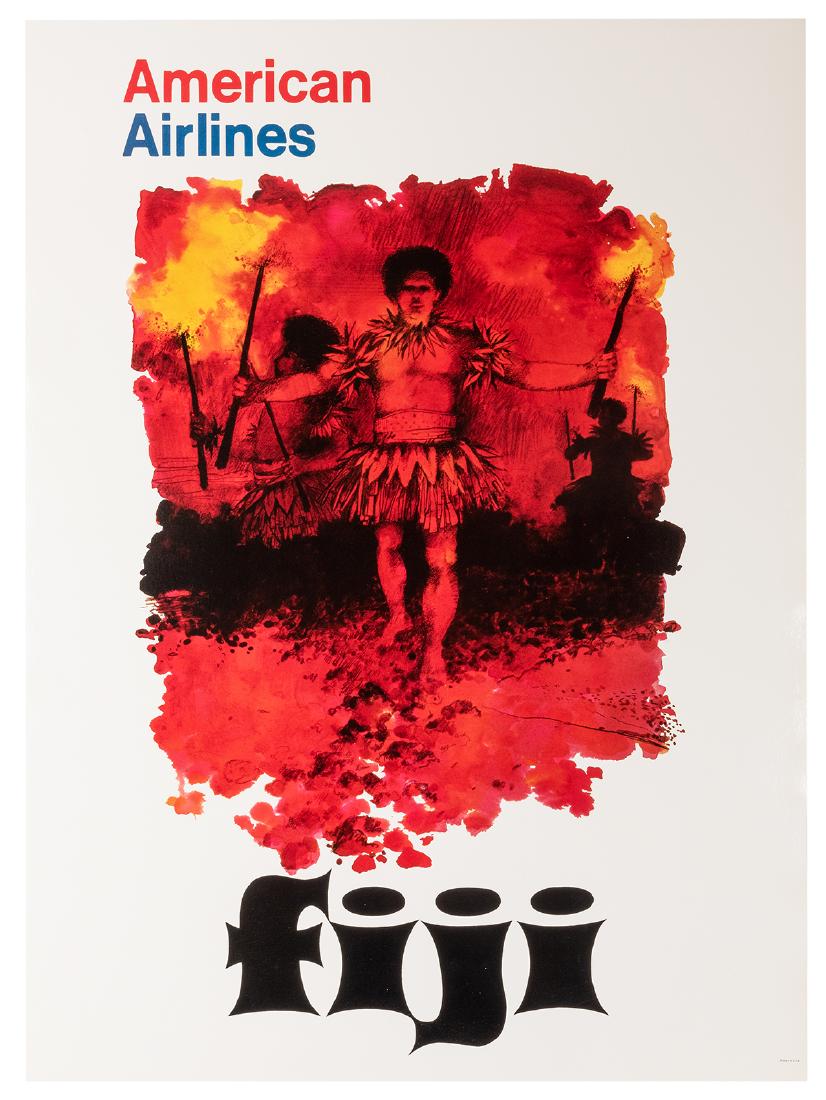 Fiji. American Airlines.: Fiji. American Airlines. 1980s. Offset lithograph showing a Fijian carrying torches and dancing, printed boldly in red and black. Linen backed. 40 x 30". A.