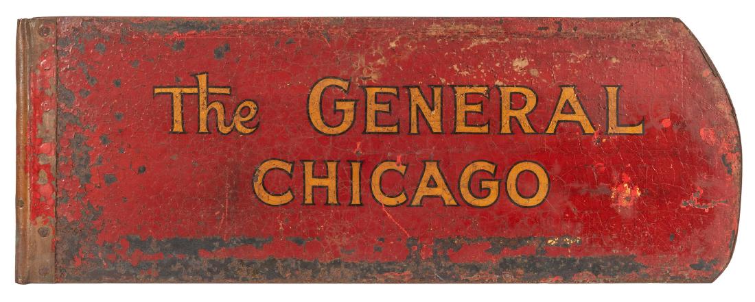 The General Chicago Painted Iron Store Sign.: The General Chicago Painted Iron Store Sign. Circa 1910s. Trade sign coated in red and hand-lettered in black and gilt “The General/Chicago” on both sides, pole-mount bracket affixed. 12 x 33”.
