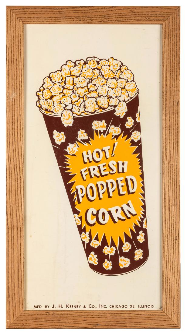 Hot! Fresh Popped Corn Advertising Sign. J.H. Keeney,: Hot! Fresh Popped Corn Advertising Sign. J.H. Keeney, Chicago. Mid-century popcorn advertising sign by the Chicago manufacturer of arcade and pinball games. 23 x 11 ¼”. Wooden frame.