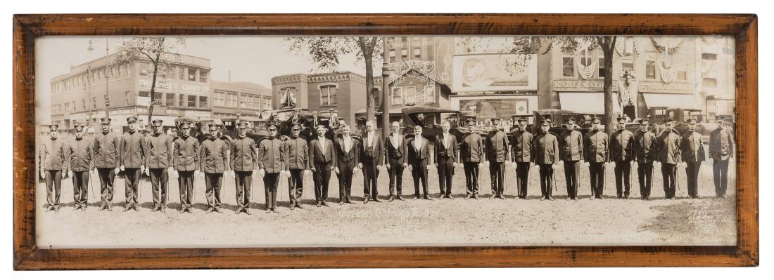 Panoramic Photograph of Loyal Order of Moose Greater: Panoramic Photograph of Loyal Order of Moose Greater Chicago Lodge. Ritualistic Degree Team. Indianapolis: Kirkpatrick, 1921. Titled, dated, and credited in the negative, men lined up outside the Core