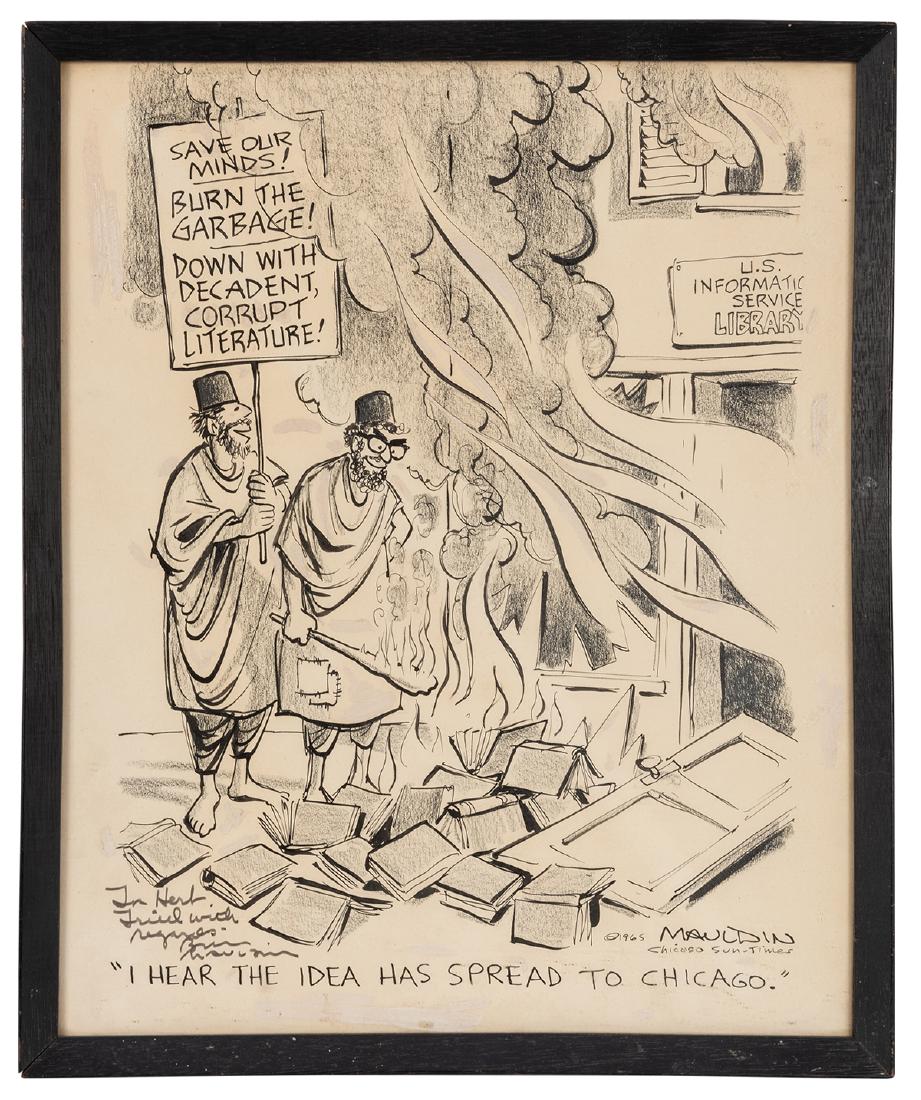 Bill Mauldin Original Signed Chicago Sun-Times: Mauldin, Bill (American, 1921—2003). Bill Mauldin Original Signed Chicago Sun-Times Political Cartoon. [Chicago], 1965. Pen, ink, and white gouache on paper, Vietnam War-era political cartoon alludi