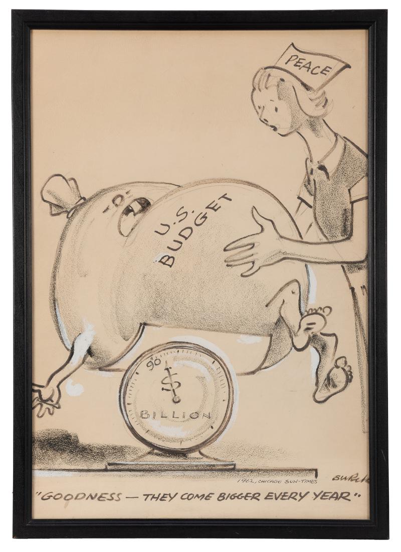 Jacob Burck Original Signed Chicago Sun-Times Political: Burck, Jacob (American [born Poland], 1907—1982). Jacob Burck Original Signed Chicago Sun-Times Political Cartoon. [Chicago], 1962. Pencil, charcoal, and gouache cartoon on paper by the Pulitzer Pri
