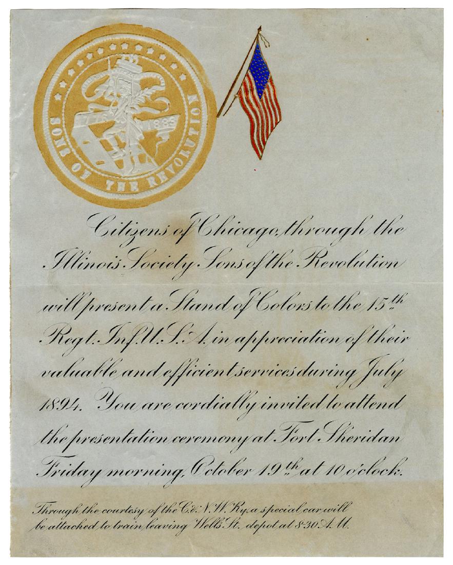 Invitation from Citizens of Chicago to Soldiers of Fort: Invitation from Citizens of Chicago to Soldiers of Fort Sheridan in Appreciation of Services During Pullman Strike and Unrest. [Chicago]: Oct. 19, 1894. Printed invitation with embossed seal of the So