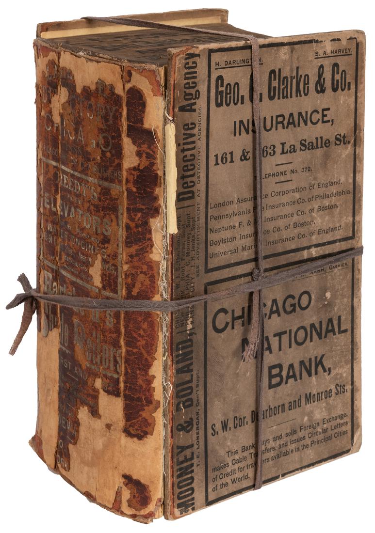 The Lakeside Annual Directory of the City of Chicago.: The Lakeside Annual Directory of the City of Chicago. 1888. Chicago, 1888. Original leather-backed printed boards [both detached, spine heavily worn. 2268, [8]pp. + inserted leaves. Ads stamped to all