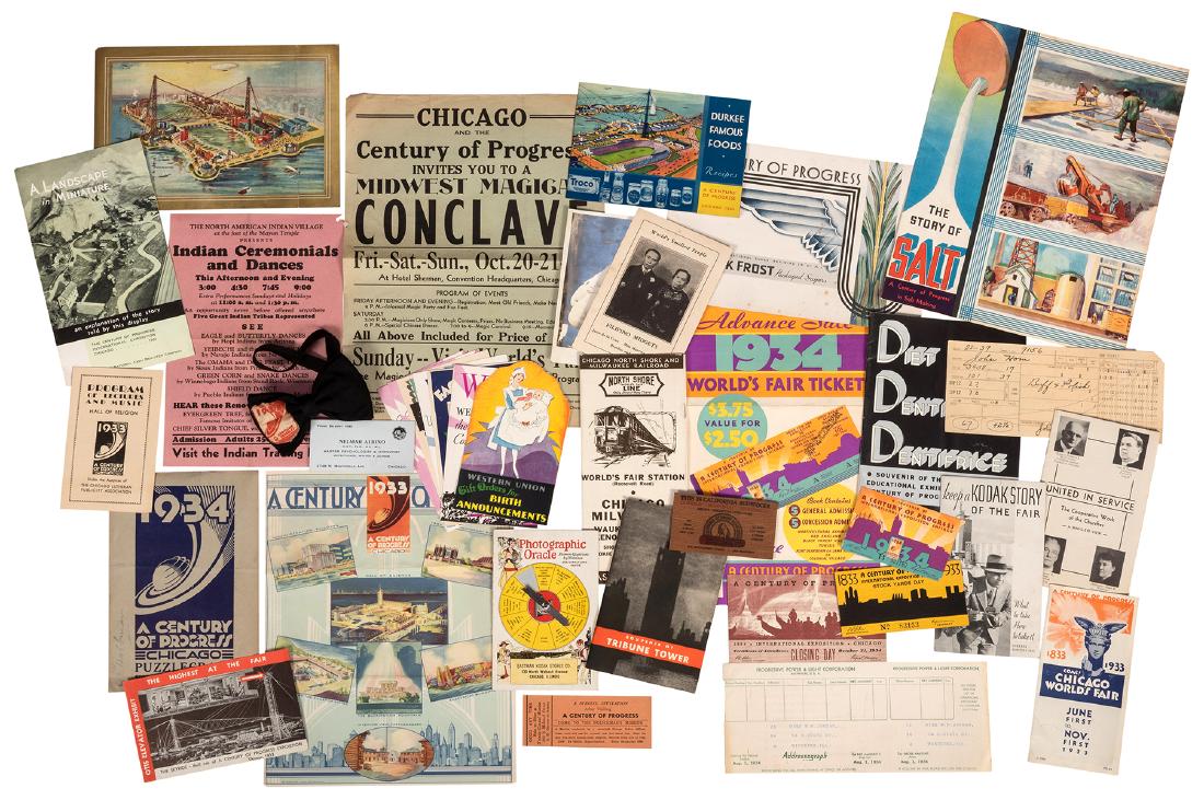 Collection of 1933—34 Chicago World’s Fair “Century of: Collection of 1933—34 Chicago World’s Fair “Century of Progress” Ephemera. Approximately 100 pieces, including Jolly Olli “fat woman” RPPC; Filipino Midgets ad card; Midwest Magical Concla