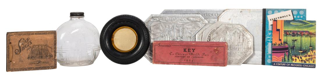 Collection of 1933—34 Chicago World’s Fair Souvenirs: Collection of 1933—34 Chicago World’s Fair Souvenirs and Ephemera. Including a glass and rubber Firestone Tires ashtray; an embossed round glass bottle with cap (height 6 ½”); miniature teapot 