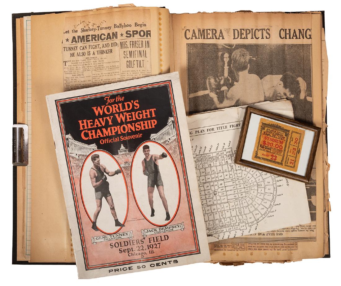 Scrapbook of Dempsey—Tunney 1927 World’s Heavy Weight: [Sports—Boxing] Dempsey, Jack and Gene Tunney. Scrapbook of Dempsey—Tunney 1927 World’s Heavy Weight Championship Memorabilia and Related Ephemera. String-tied folio scrapbook, including the off