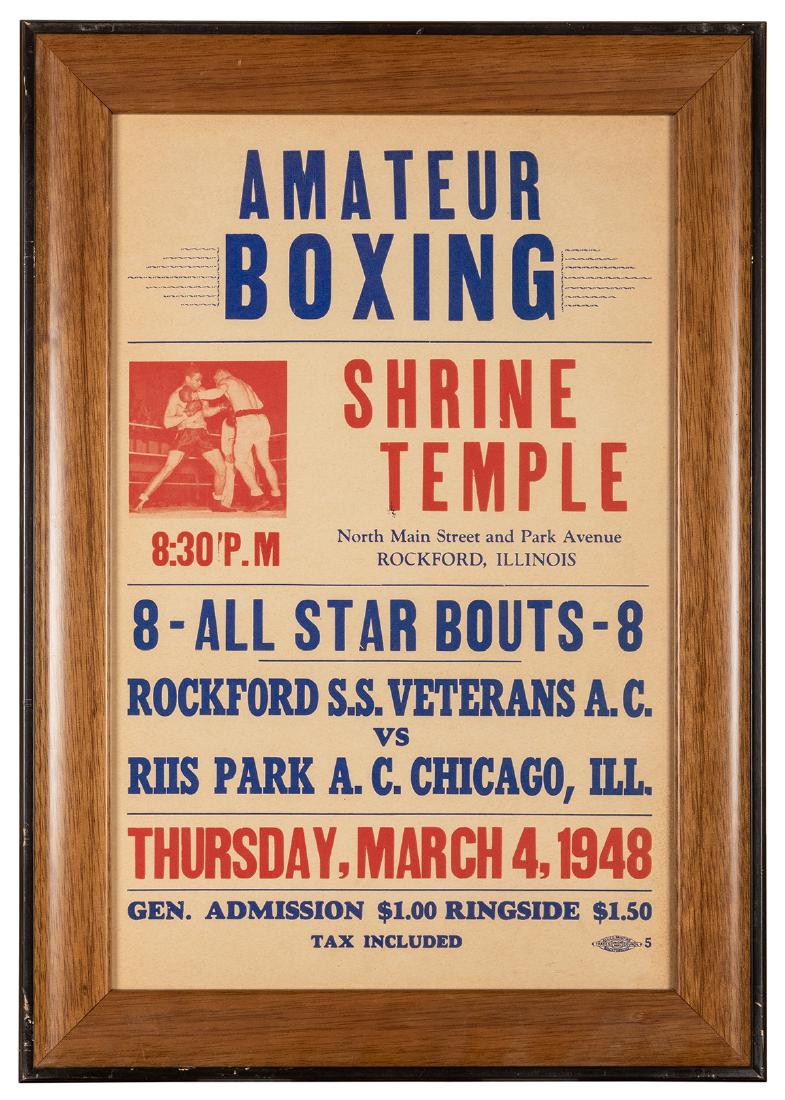 Amateur Boxing. Shrine Temple, Rockford Illinois. 1948.: Amateur Boxing. Shrine Temple, Rockford Illinois. 1948. Pictorial window card in two colors, featuring a match between the Rockford S.S. Veterans A.C. and the Riis Park A.C., Chicago. 16 ½ x 10 ½”