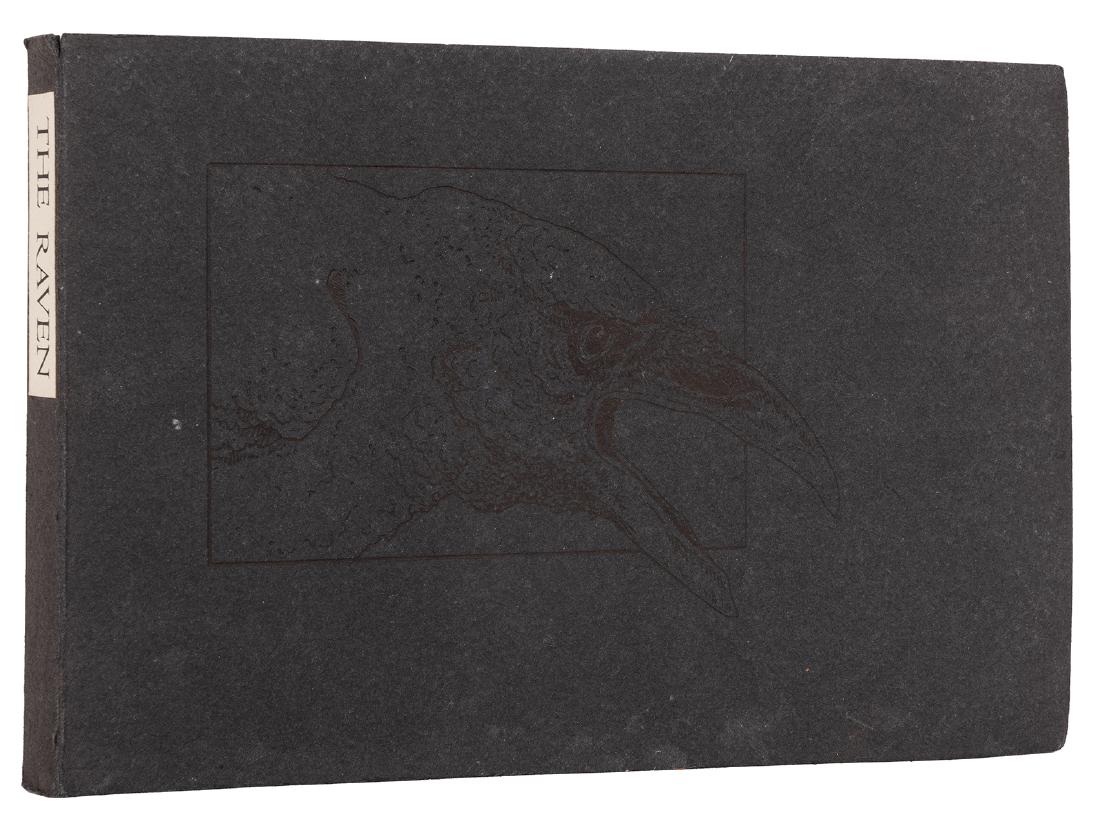 The Raven.: Poe, Edgar Allen. The Raven. Easthampton: The Cheloniidae Press, [1986]. 36 of 150 copies. Printed stiff wrappers with raven design, paper spine label. Five full-page etchings and two wood engravings 