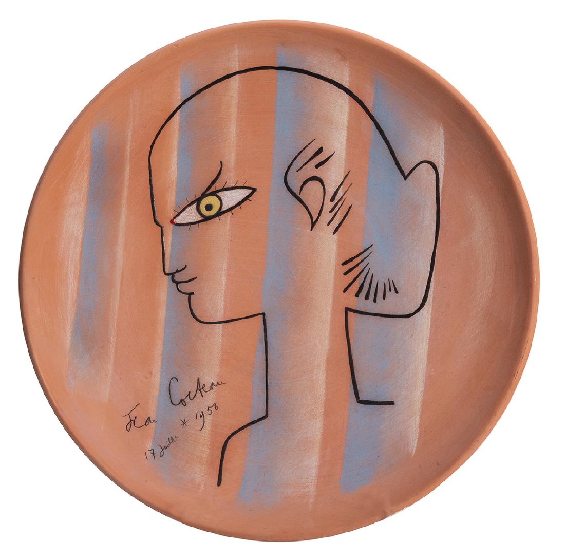 Cocteau Plate. “La Sibylle,” 1958.: Cocteau, Jean. Cocteau Plate. “La Sibylle,” 1958. France, 1958. Terracota ceramic plate with blue, pink, and white oxides, inscribed and dated lower left, and on the reverse: “Edition Originale 