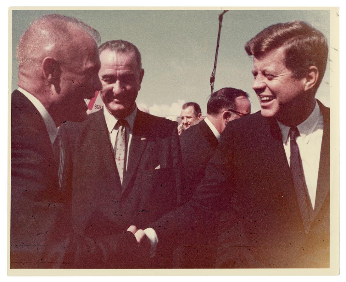 Original Photograph of JFK, LBJ, and John Glenn.: Kennedy, John F. Original Photograph of JFK, LBJ, and John Glenn. Circa 1963. Glossy photograph (8 x 10”) by official White House photographer Cecil Stoughton, showing Kennedy shaking hands with the