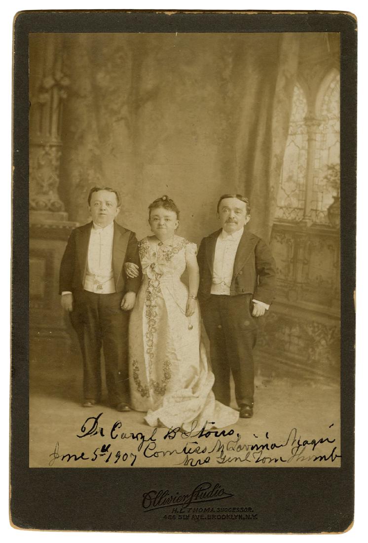 Signed Cabinet Photo of Lavinia Warren Stratton Magri: Signed Cabinet Photo of Lavinia Warren Stratton Magri (Mrs. Tom Thumb). Brooklyn: Ollivier Studio, ca. 1885/inscribed 1907. Wedding portrait of Warren with her second husband, Count Magri, and brother