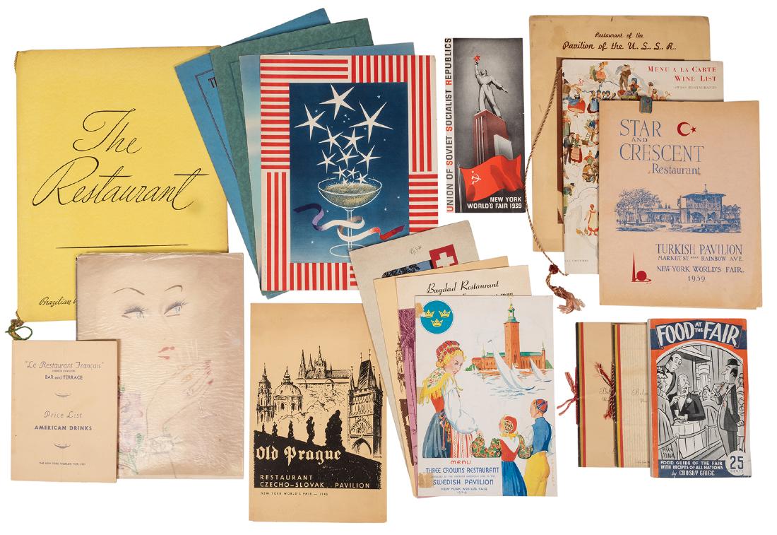 New York World’s Fair. Group of 27 Restaurant Menus.: New York World’s Fair. Group of 27 Restaurant Menus. 1939-40. Includes menus for French, Czech, Icelandic, Swedish, Iraqi, Swiss, Turkish, Russian, Belgian, Argentinian, and Brazilian menus. Brownin