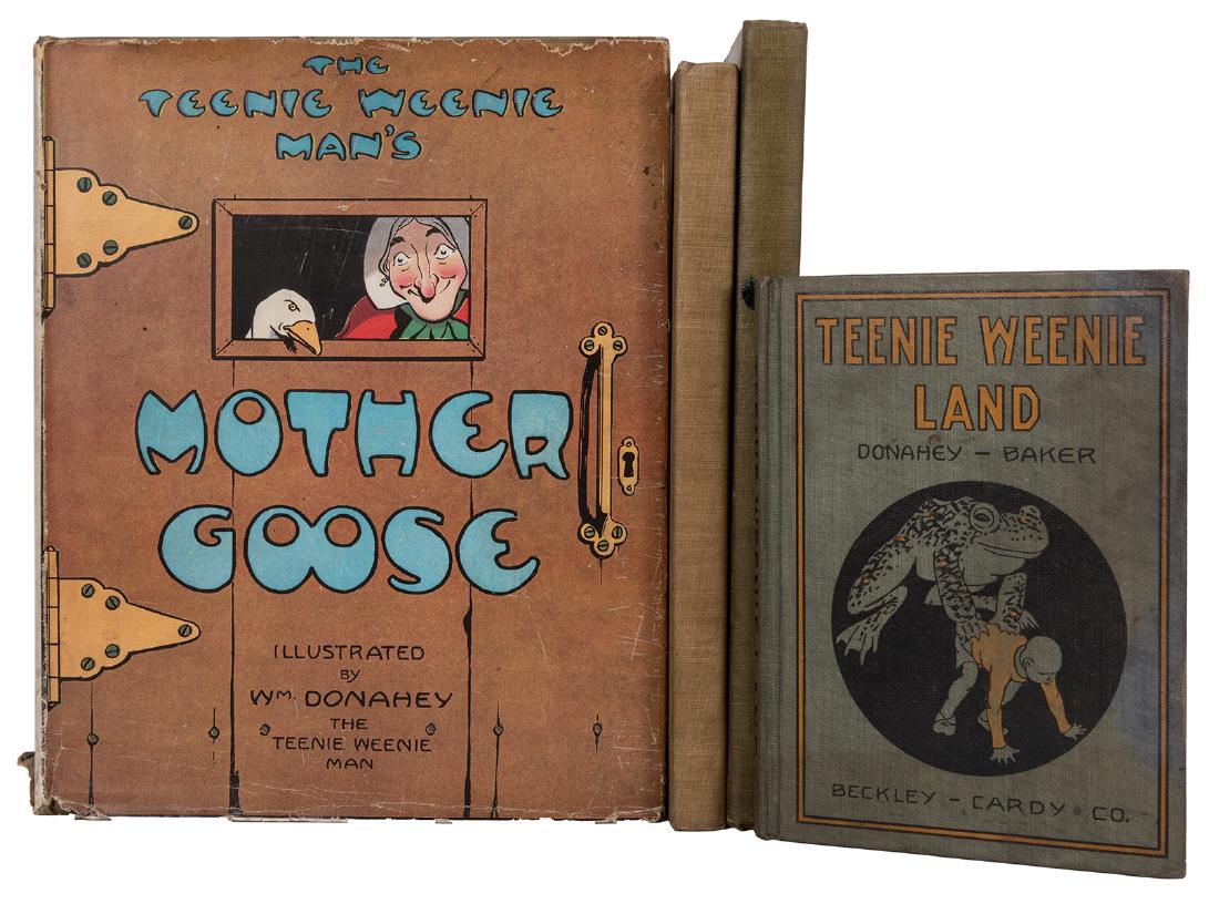 The Teenie Weenie Man’s Mother Goose, and Three Other: Donahey, William (illus.). The Teenie Weenie Man’s Mother Goose, and Three Other Volumes. Chicago: Reilly & Lee, [1921]. Cloth with color pictorial cover label, scarce color dust-jacket. Color picto