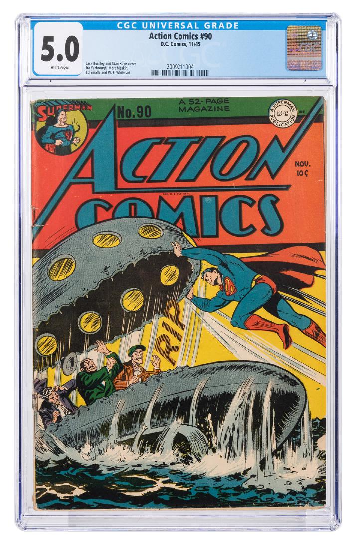 Action Comics No. 90.: Action Comics No. 90. DC Comics, 1945. CGC 5.0 graded copy with white pages. Cover by Jack Burnley and Stan Kaye. Art by Ira Yarbrough, Mort Meskin, Ed Smalle, and W.F. White.
