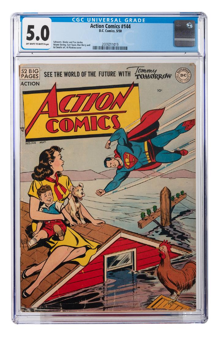 Action Comics No. 144.: Action Comics No. 144. DC Comics, 1950. CGC 5.0 graded copy with off-white to white pages. Stories by Schwartz, Binder, and Fox. Art by Wayne Boring, Curt Swan, Dan Barry, and Ed Smalle. Cover by Al P