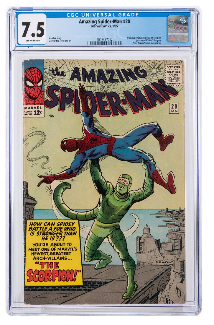The Amazing Spider-Man No. 20.: The Amazing Spider-Man No. 20. Marvel Comics, 1965. CGC 7.5 graded copy with off-white pages. Origin and first appearance of Scorpion (MacDonald “Mac” Gargan). Story by Stan Lee. Cover and art by